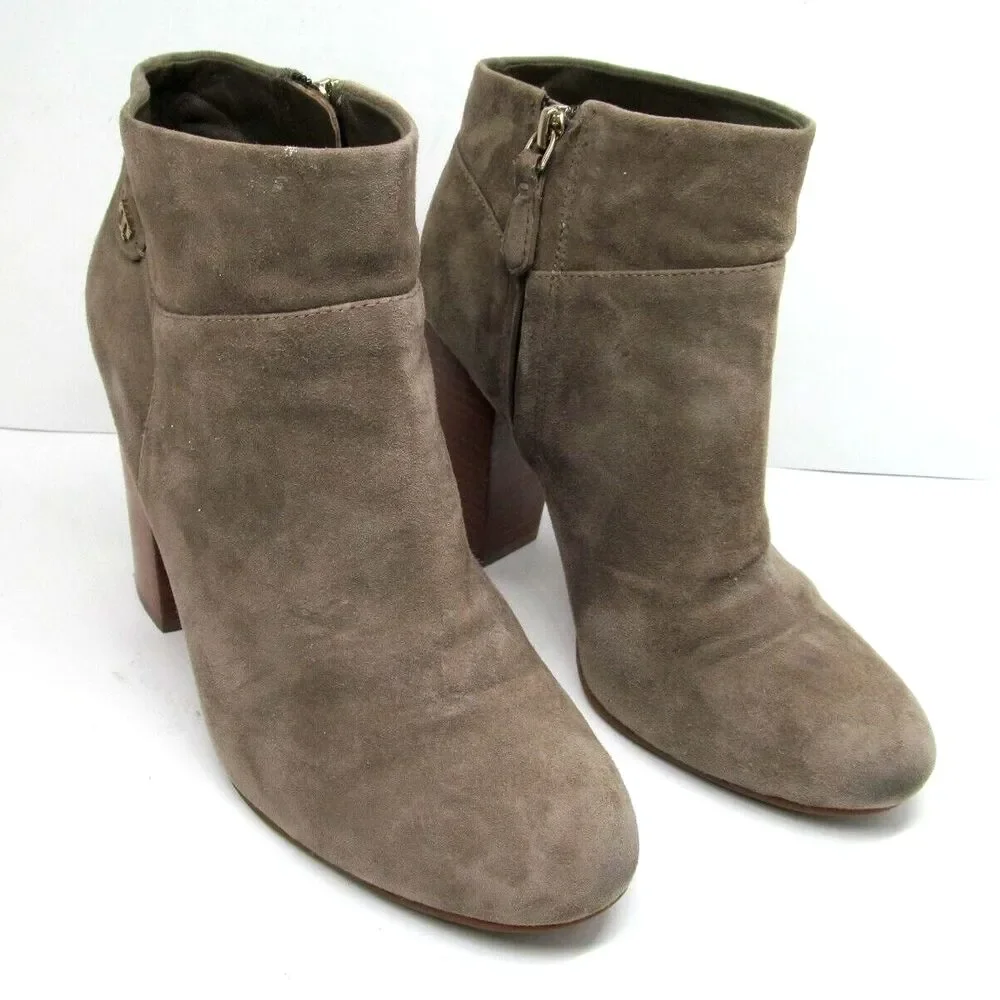 Tory Burch Tan Suede Side Zip Ankle Booties With Stacked Heels Womens US 9.5 M